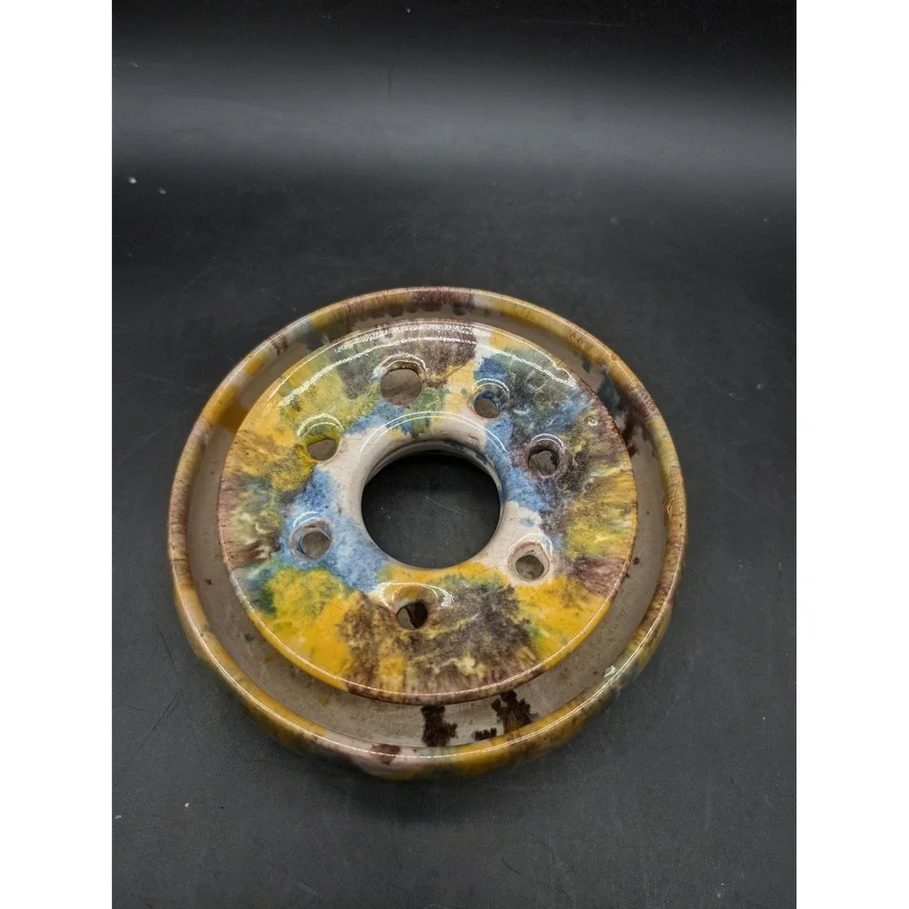 Ridge Hand Studio Pottery Ceramic Flower Frog Bowl Set Drip Glaze Multicolor 5